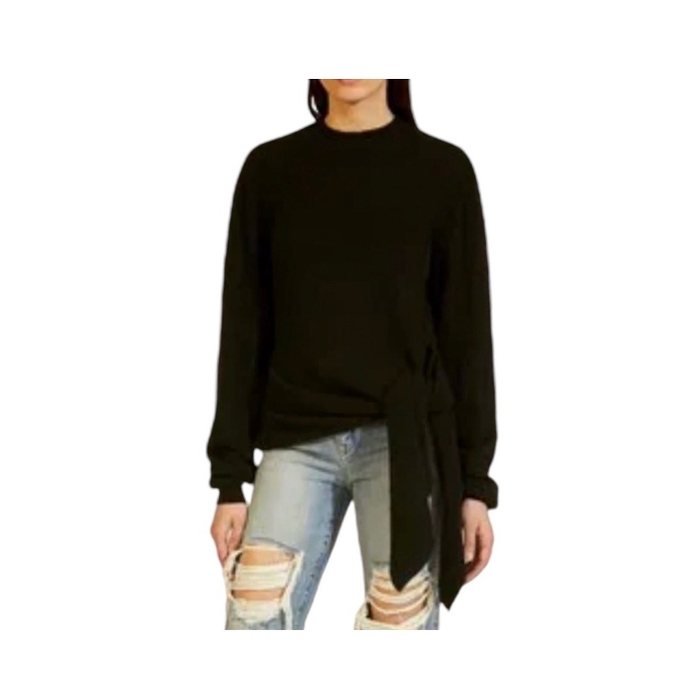 KHAITE Esme Asymmetrical Black Draped Tie Crewneck Cashmere Sweater Long Sleeve
